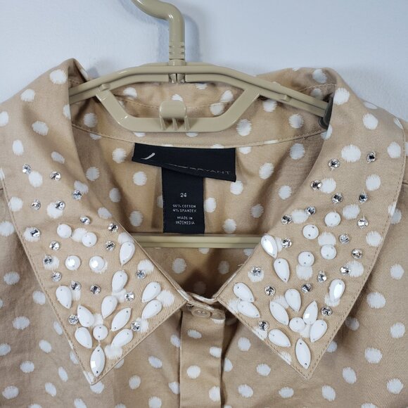 Lane Bryant Size 24 Top Hidden Button Tan White Polka Dot Embellished Shirt/A216 - Picture 7 of 10